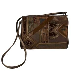 Warren Reed Crossbody Handbag Brown Embroidered Patchwork Reptile